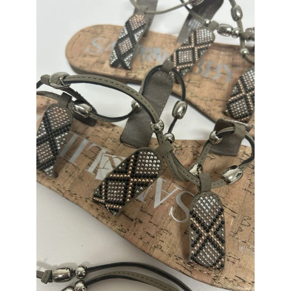 Sam & Libby Sandals Metallic Beaded Lace Up Gladiator Flats 8 Boho Western Festi